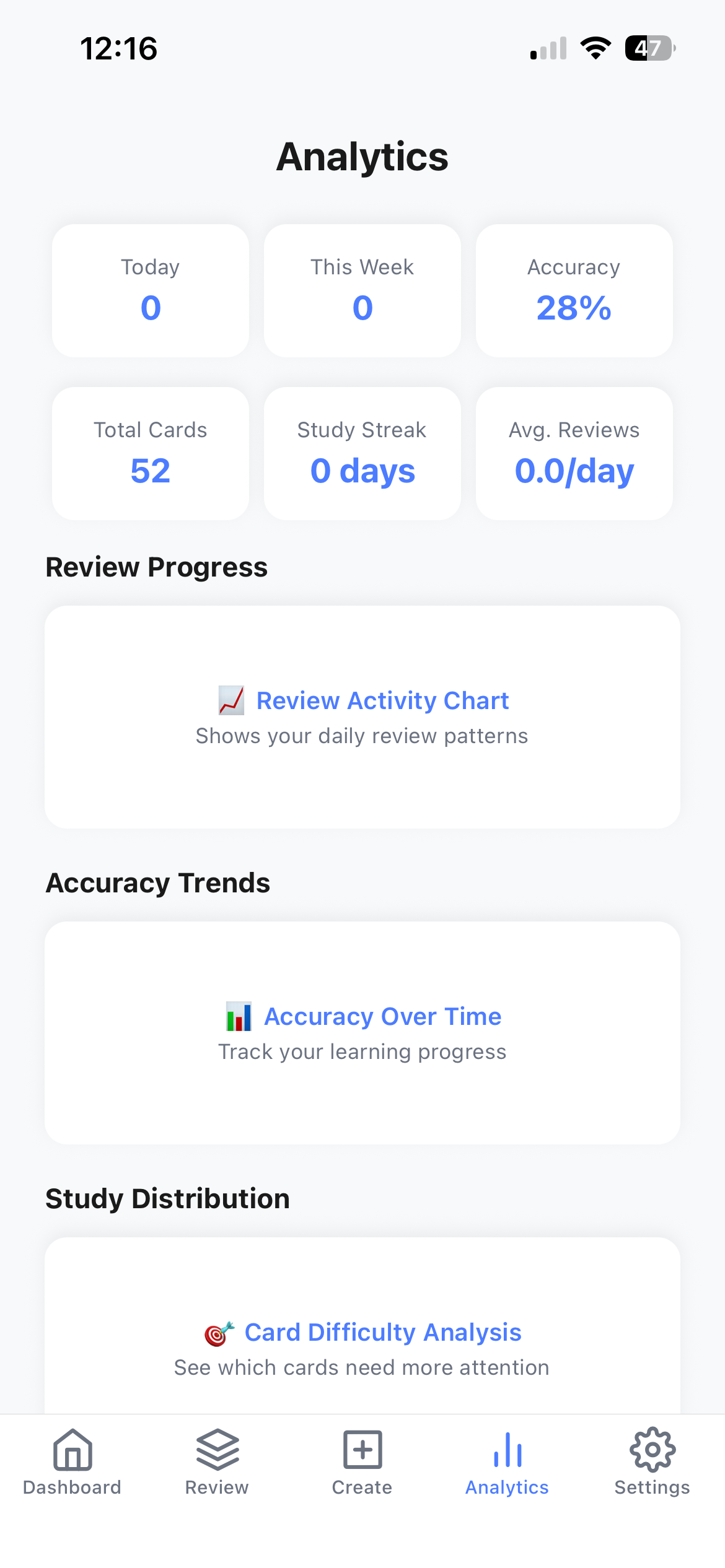 MemoryTrap Analytics screen showing study totals, accuracy, study streak, and review progress charts