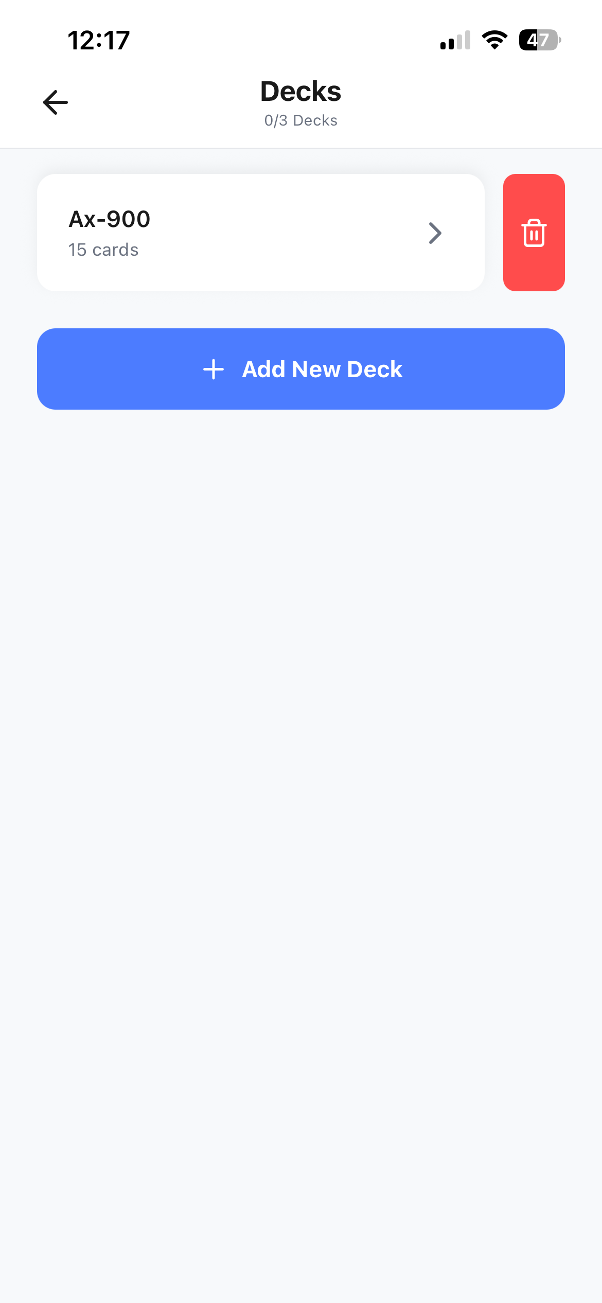 MemoryTrap Decks screen listing a deck named Ax-900 with 15 cards