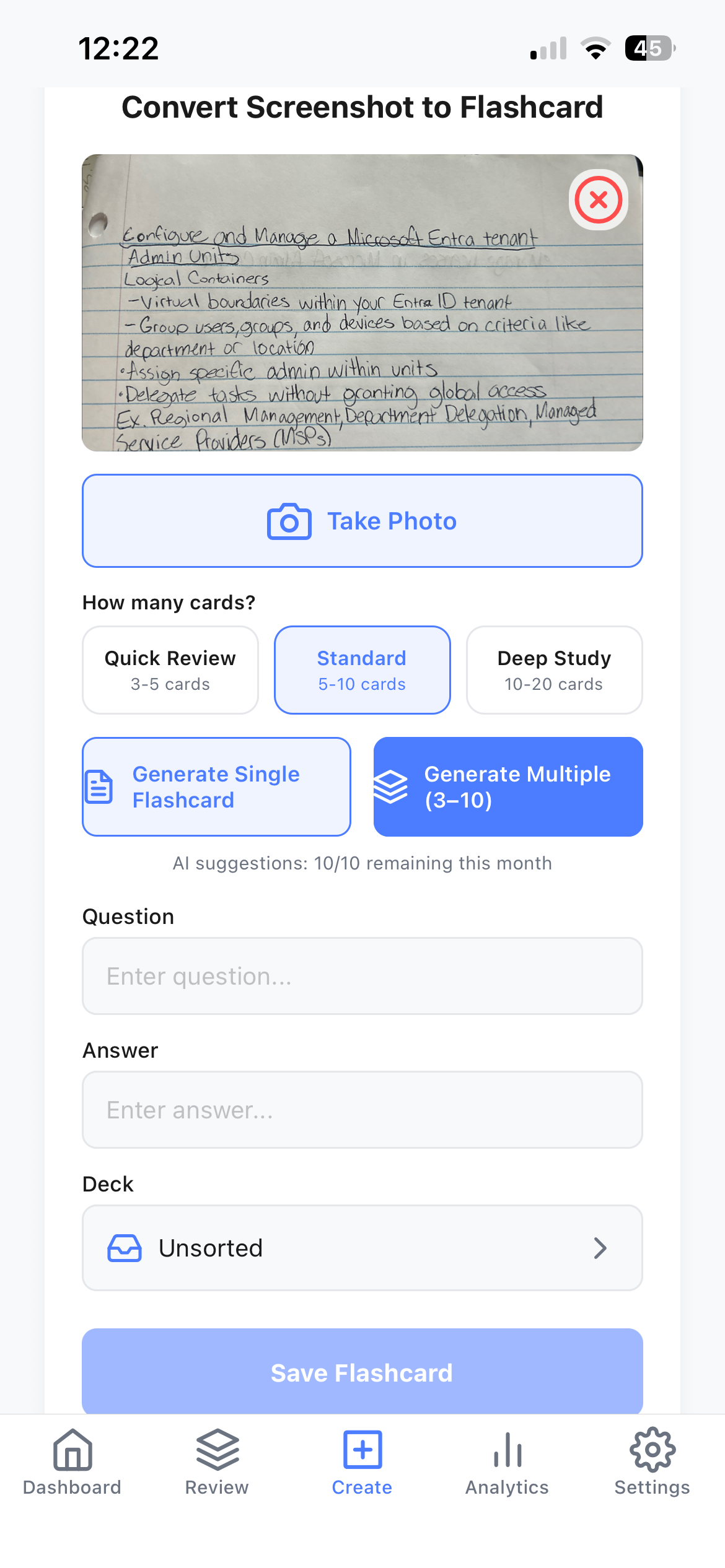 MemoryTrap screen for converting a captured screenshot into flashcards, showing generation options