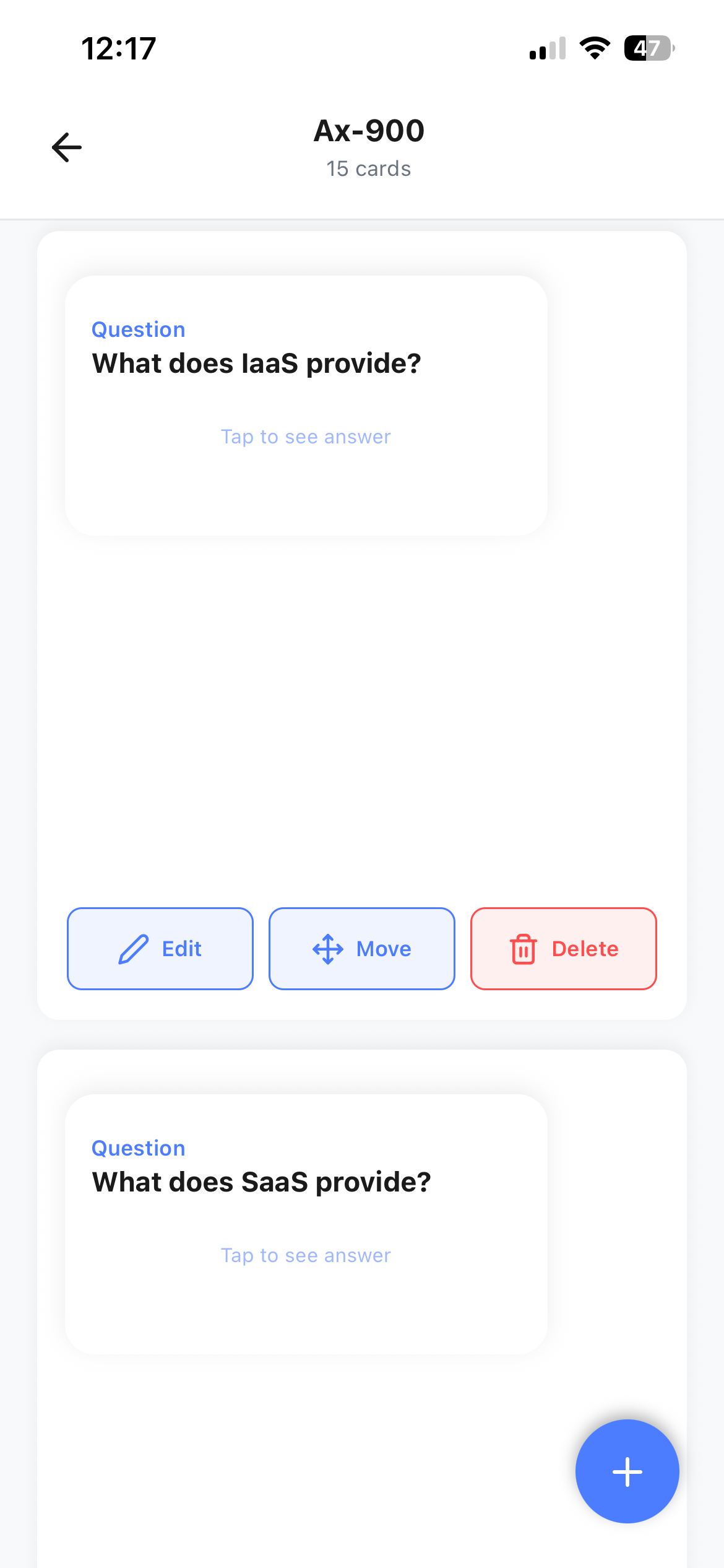 MemoryTrap Review Deck screen showing a flashcard question with Edit, Move, and Delete actions