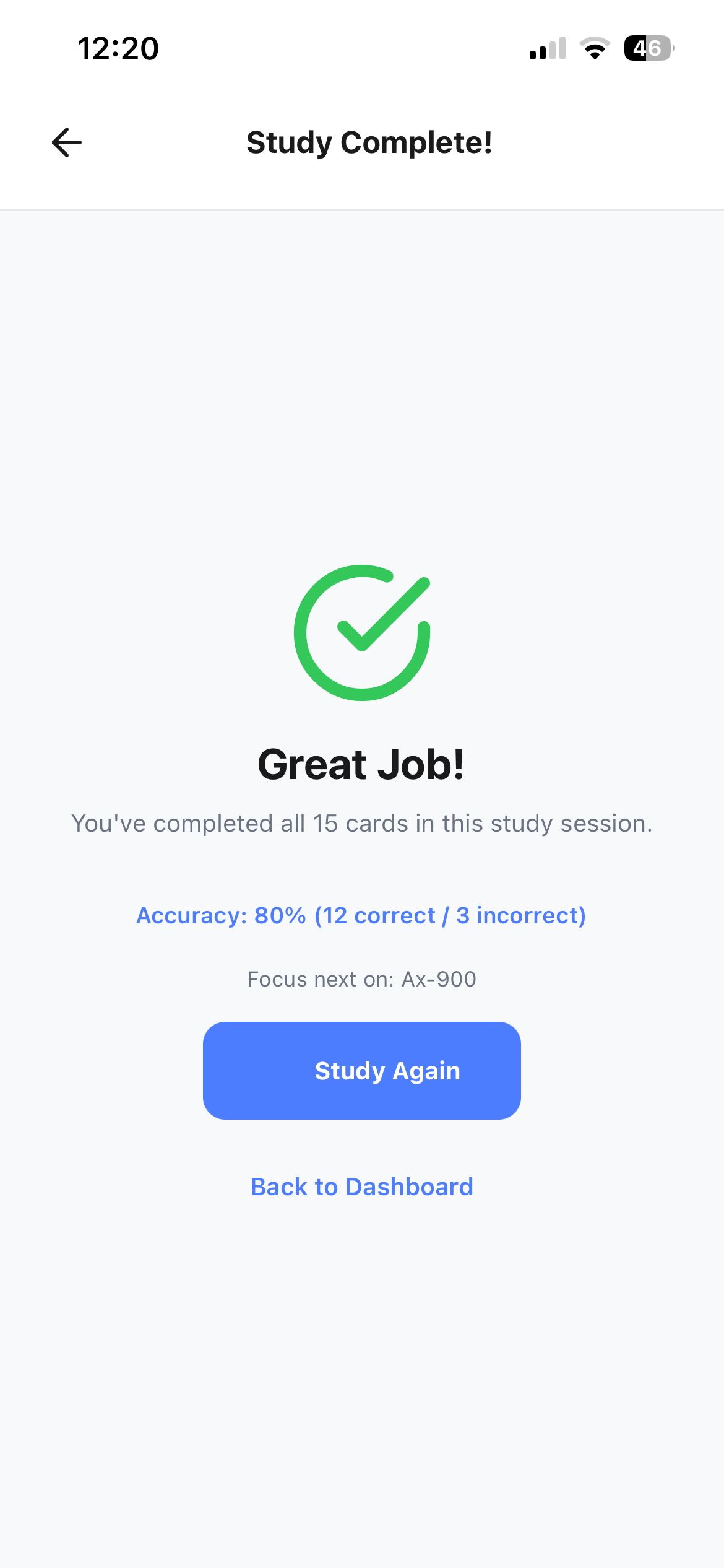 MemoryTrap Study Complete screen showing accuracy and a prompt to study again