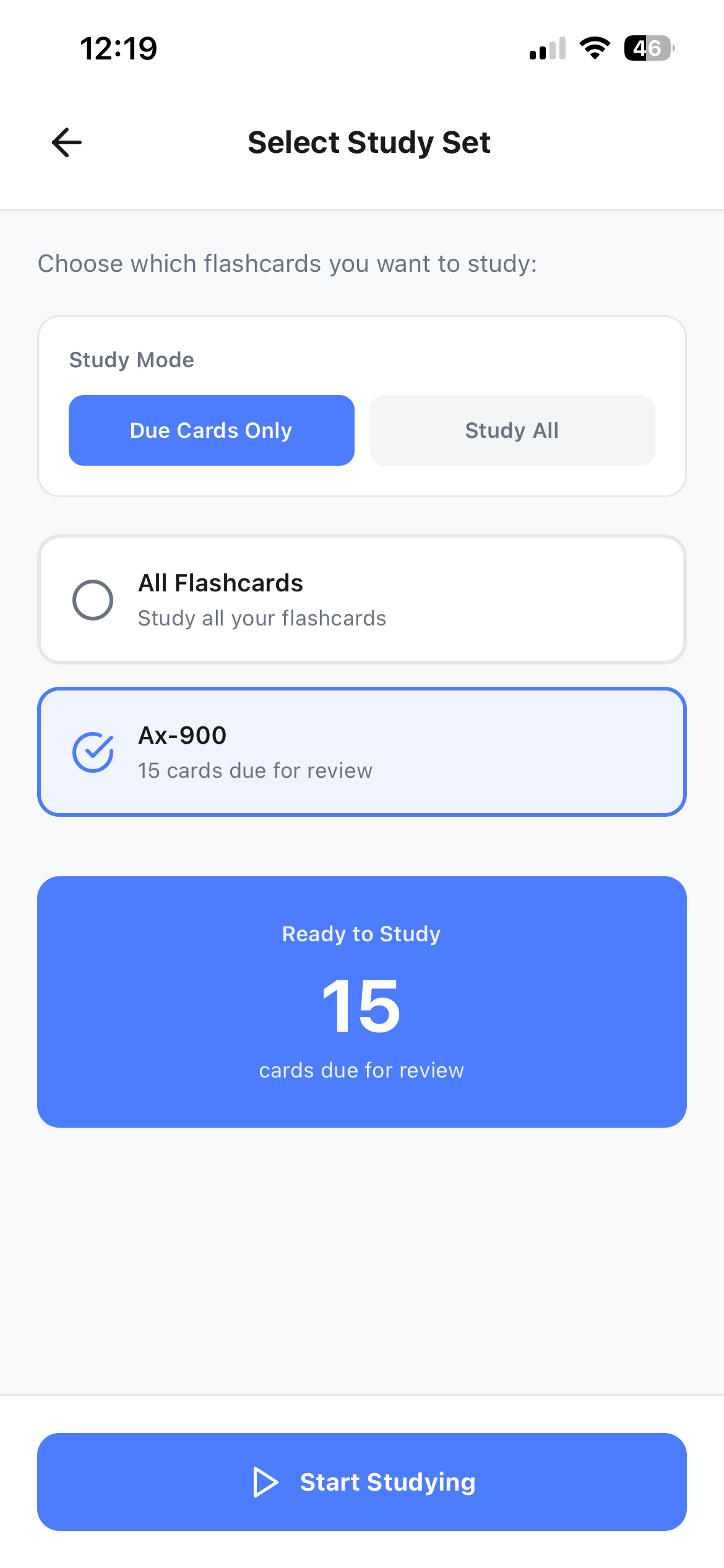 MemoryTrap Select Study Set screen showing study mode options and a deck ready to study