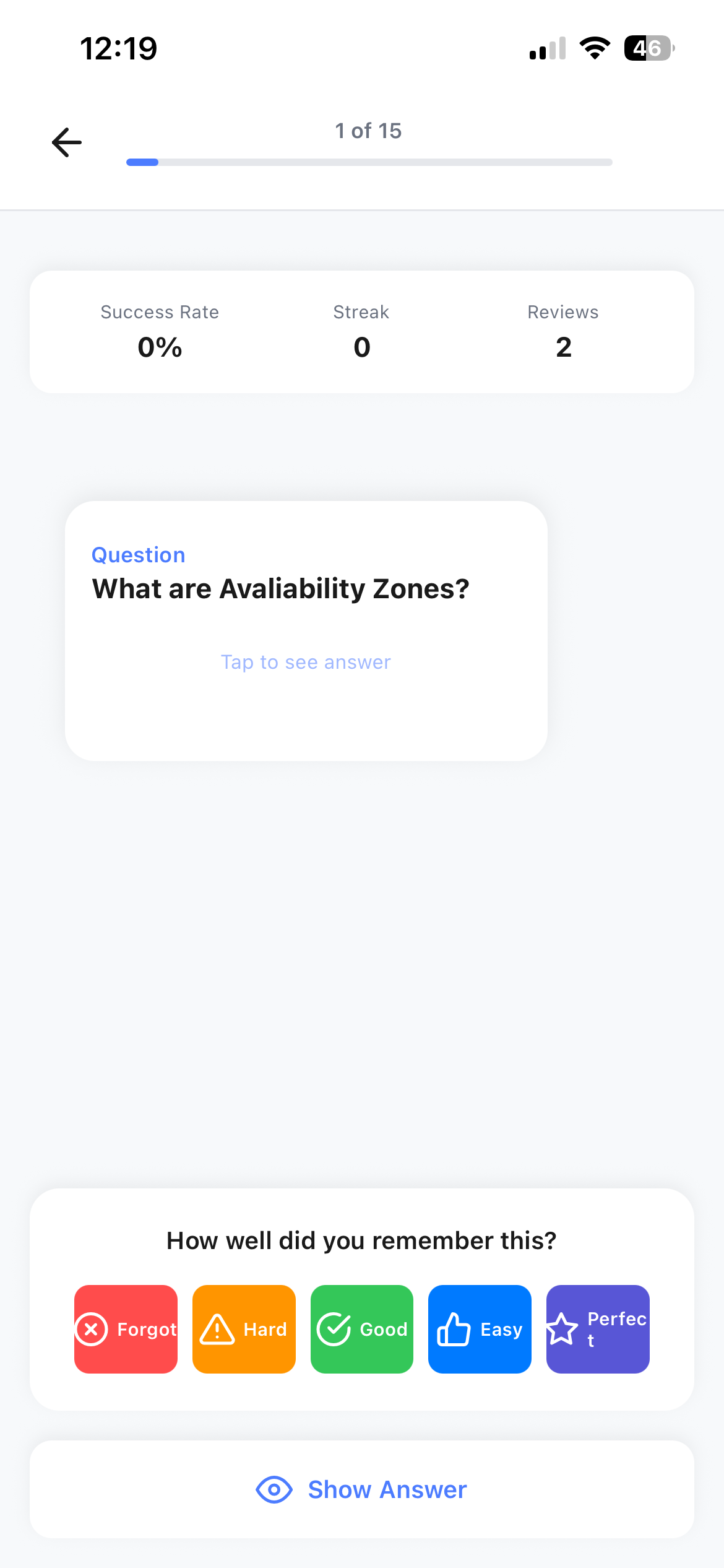 MemoryTrap study session showing a flashcard question with 'Tap to see answer'